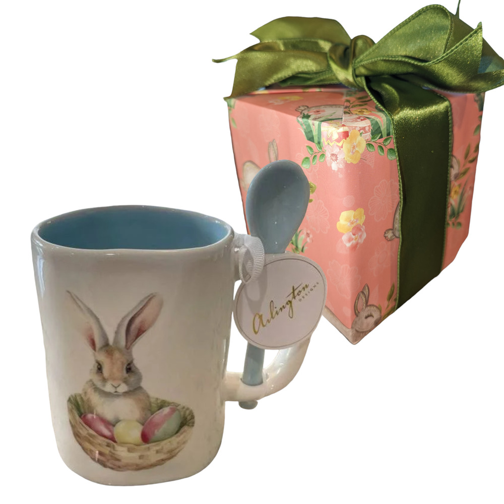 Ceramic Bunny Easter Mug with Blue Spoon and Interior - Gift Wrapped!